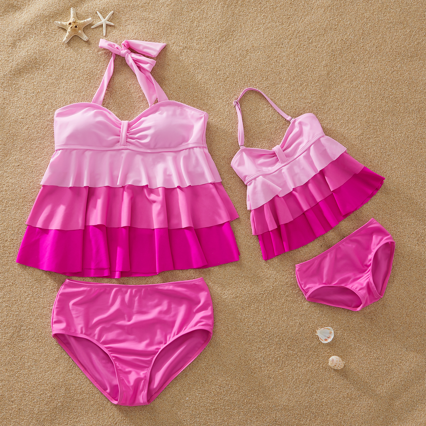 Pink Gradient Ruffle Matching Swimsuits