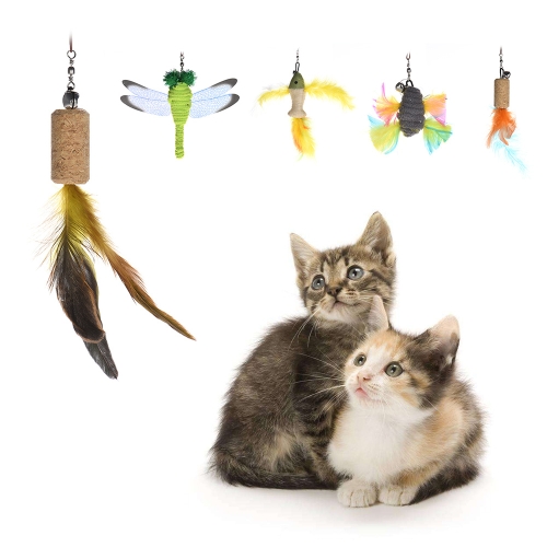 5pcs Cat Teaser Chaser Feather Replacement Colorful Pet Catcher Wand Stick Feather Refill with Bell Interactive Funny Cute Play Exercise Toy