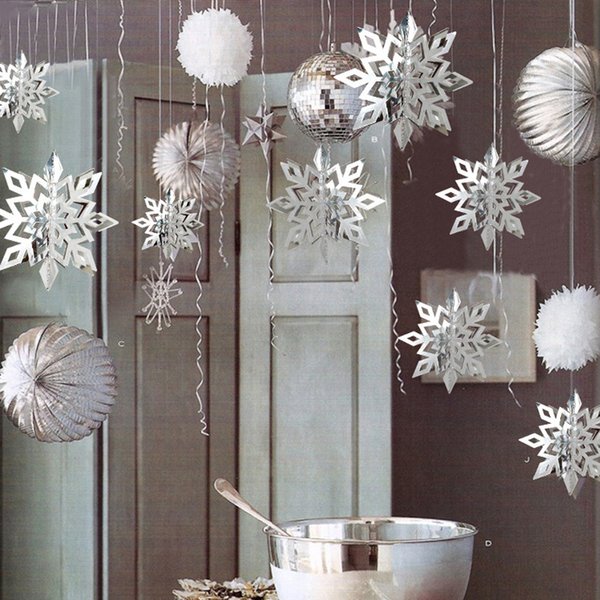 Christmas Hanging Snowflake Decorations 3D Large Silver Ornaments & White Paper Garland for Winter Wonderland Frozen Birthday Party Supplies 122272