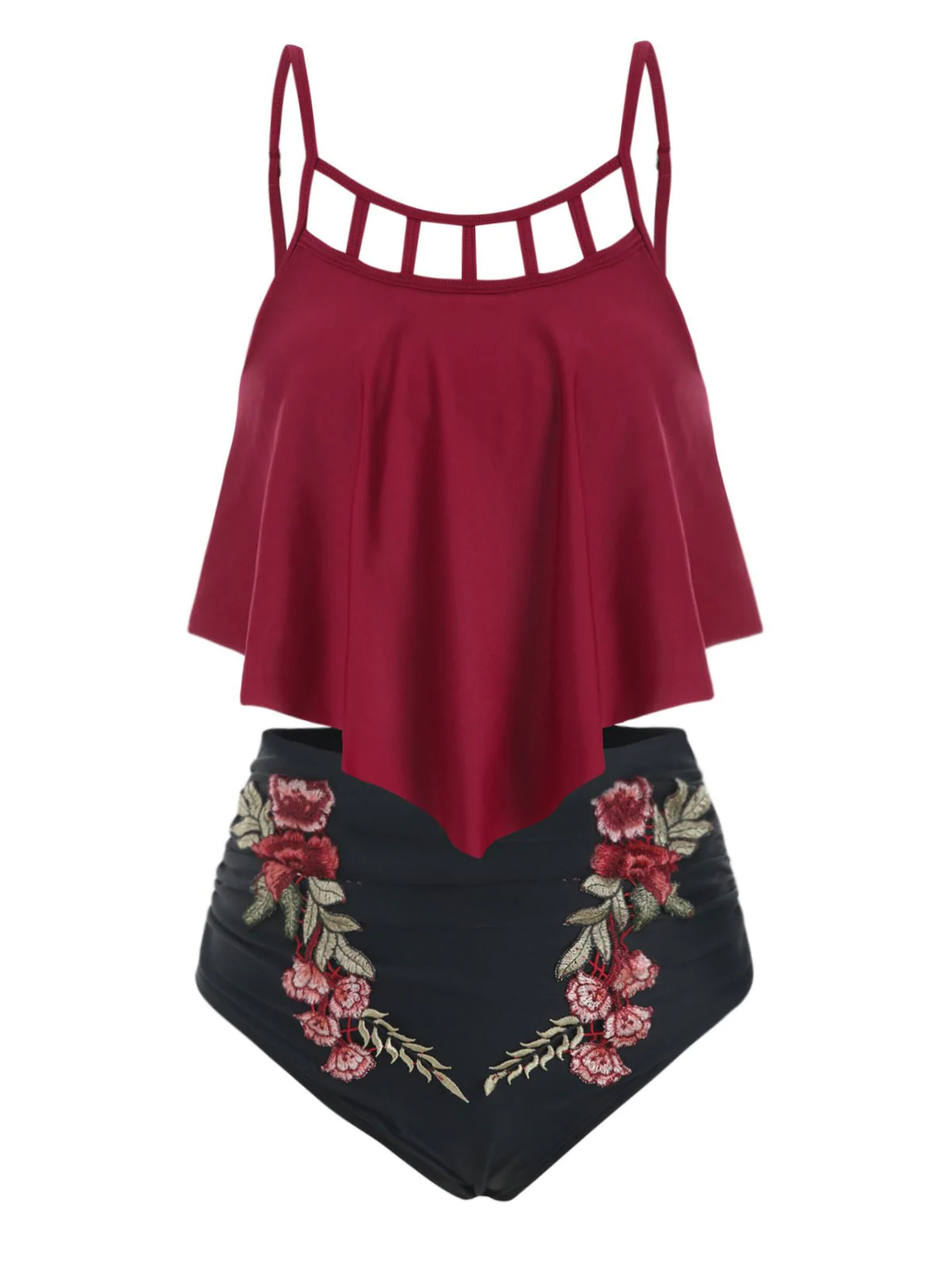 Floral Applique Flounce Tummy Control Tankini Swimwear