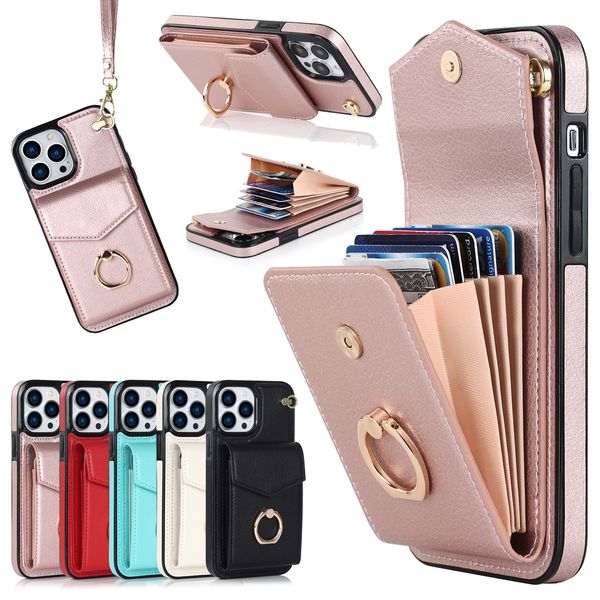 Luxury PU Leather Organ Wallet Cases Credit Card Slots Ring Stand Holder Multifunction Pack Protective Shockproof Cover For iPhone 14 13 12 11 Pro Max XR XS 8 7 6 Plus