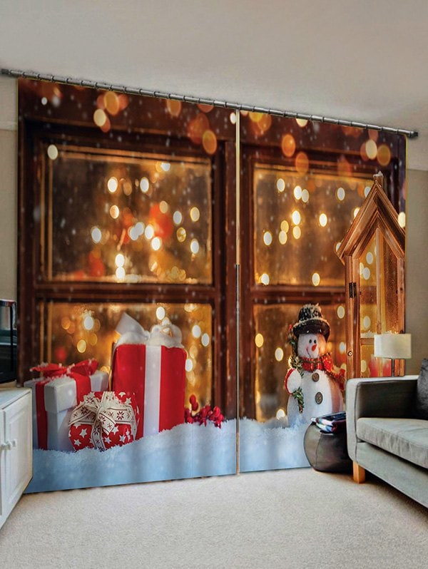 2 Panels Christmas Window Snowman Gift Print Window Curtains