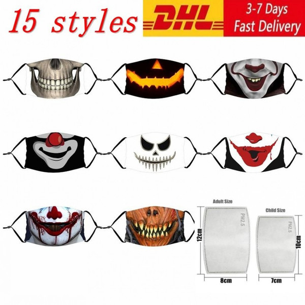 15 styles halloween mask reusable 3d painting pumpkin grimace cotton mask reusable protective pm2.5 carbon filters washable kid fy918