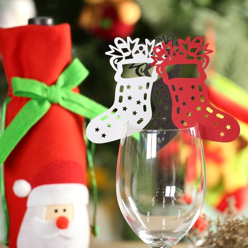50pcs Delicate Carved Christmas Stockings Wine Glass Card Table Cards for Christmas Day Party Wedding Banquet Decoration