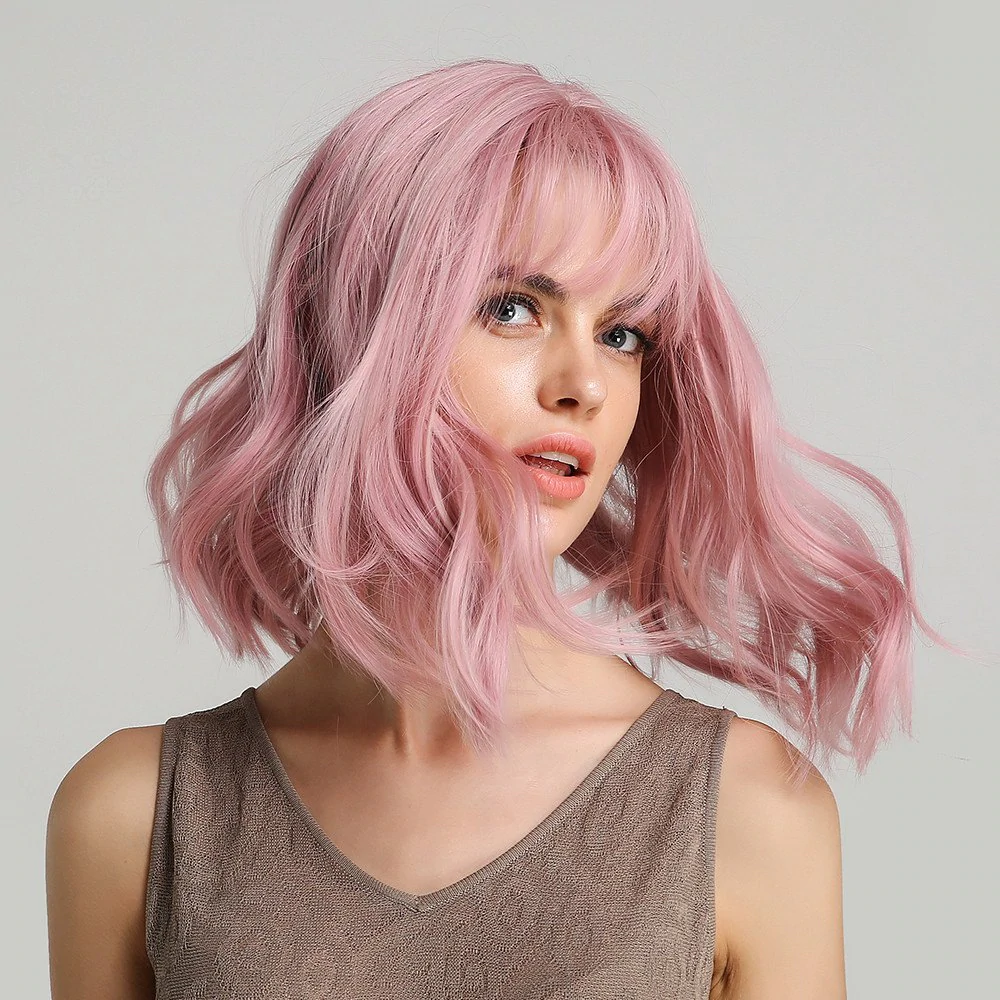 Short Pink Wavy Synthetic Wig with Bang Purple Wave Wig Cosplay Wig 6-LY210