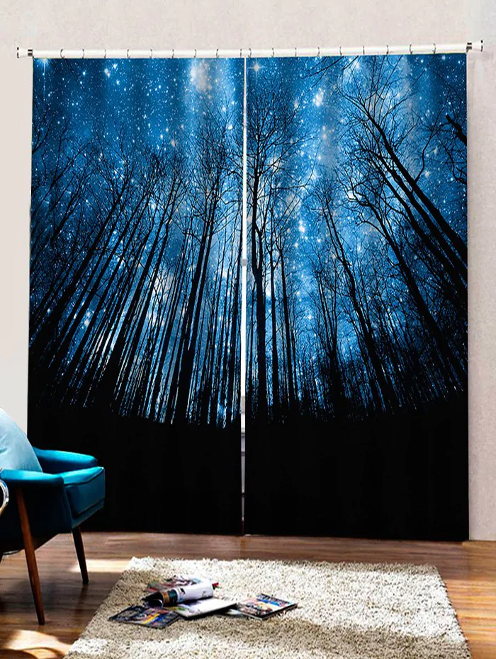 2 Panels Starry Sky Forest Print Window Curtains
