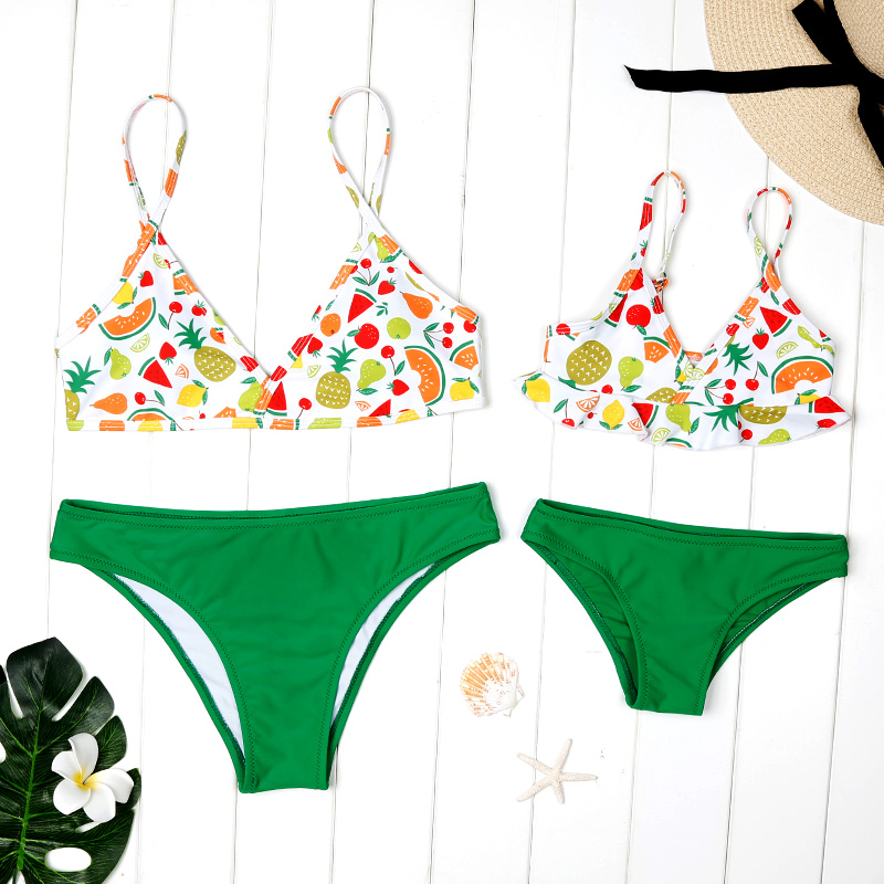 Mommy and Me 2-piece Fruit Printed Bikini Set in Green