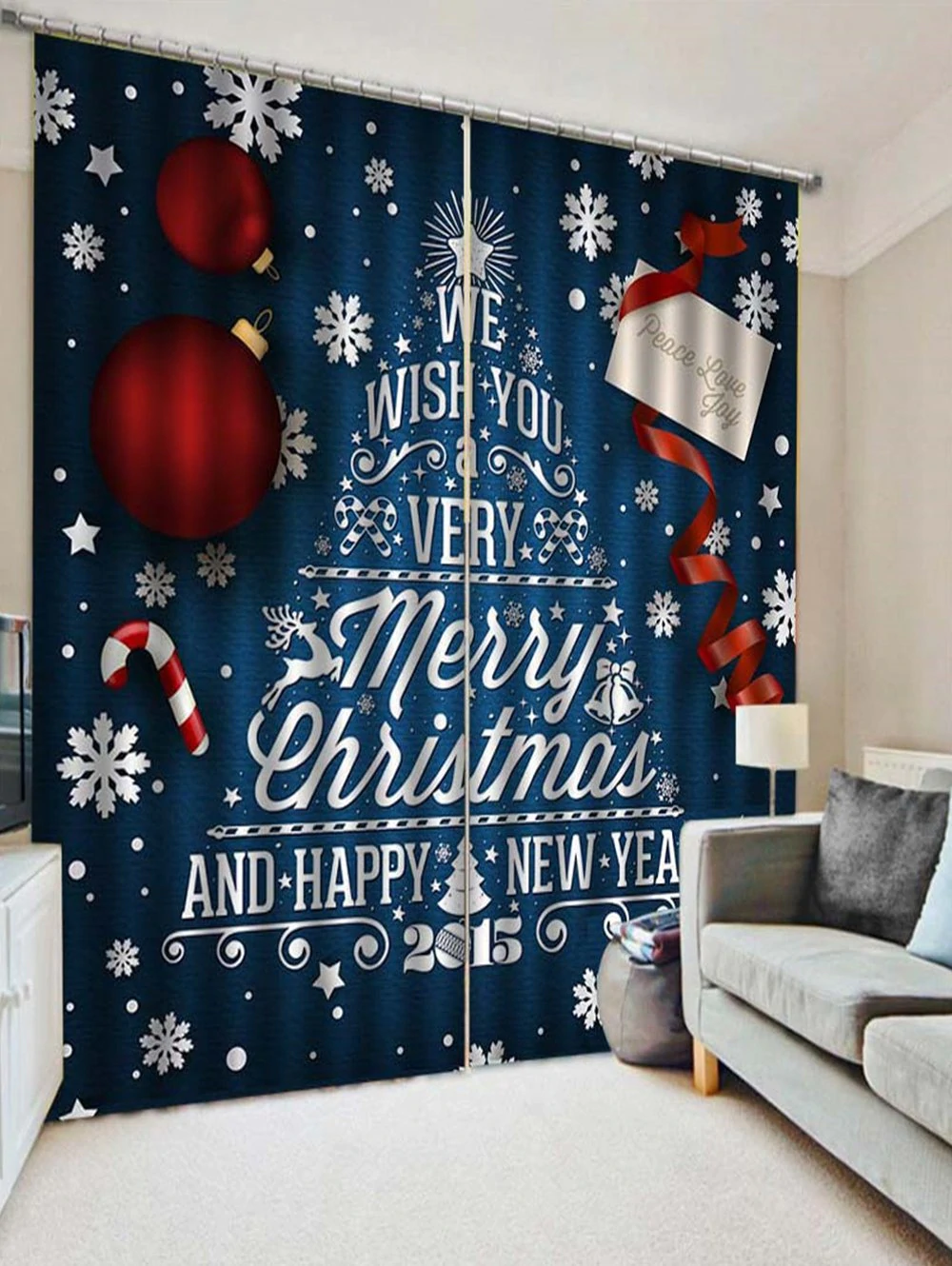 2PCS Merry Christmas Happy New Year Pattern Window Curtains