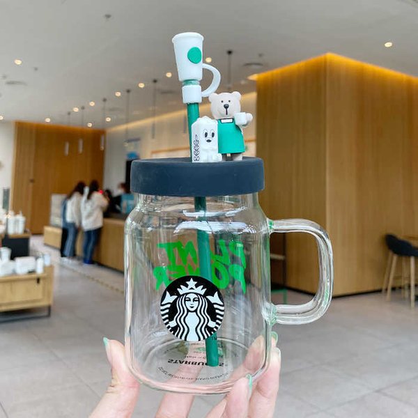 Starbucks glass straw cup bear environmental protection season green apron large capacity coffee with cover