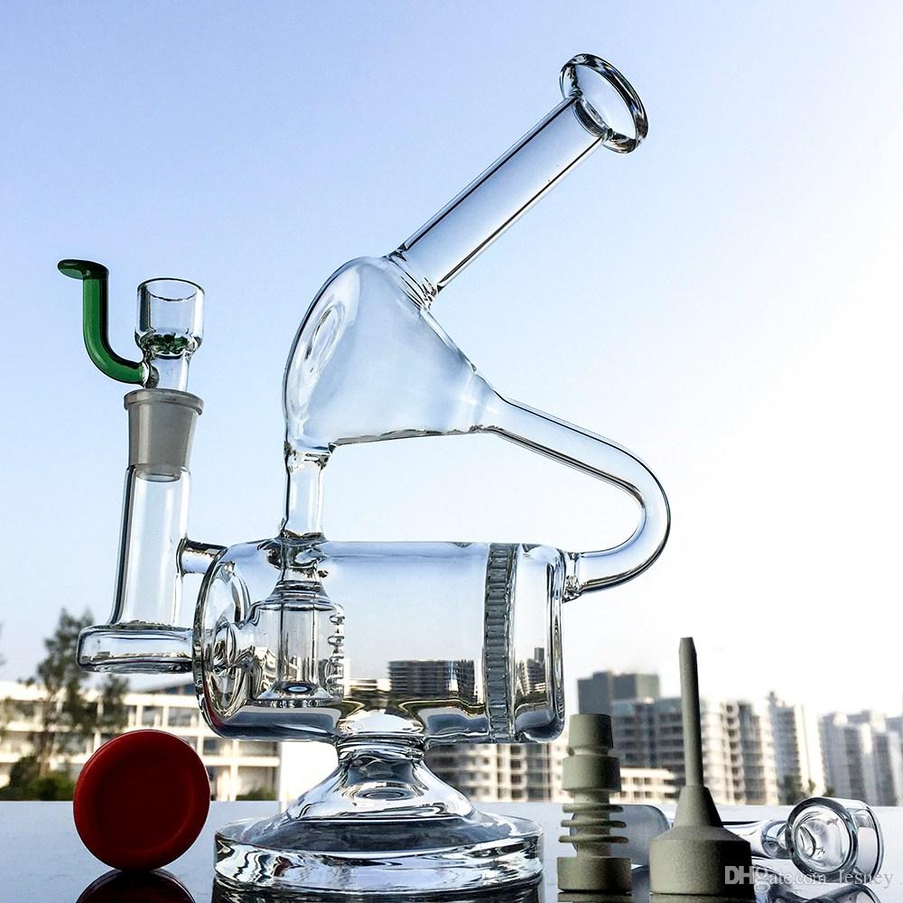 Unique Glass Bong Barrel Perc Water Pipe Chamber Recycler Bongs Honeycomb Percolator Dab Rig Complicated Recycler Bongs WP143