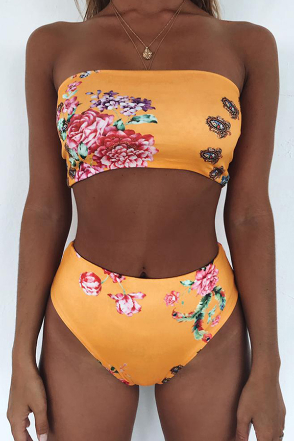 Cheap Bikinis Lovely Sexy Floral Printed Yellow Two-piece Swimwear