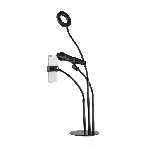3-in-1 Flexible Broadcast Microphone Desktop Stand with Selfie Ring Light Smartphone Mic Holder for Live Streaming Broadcasting
