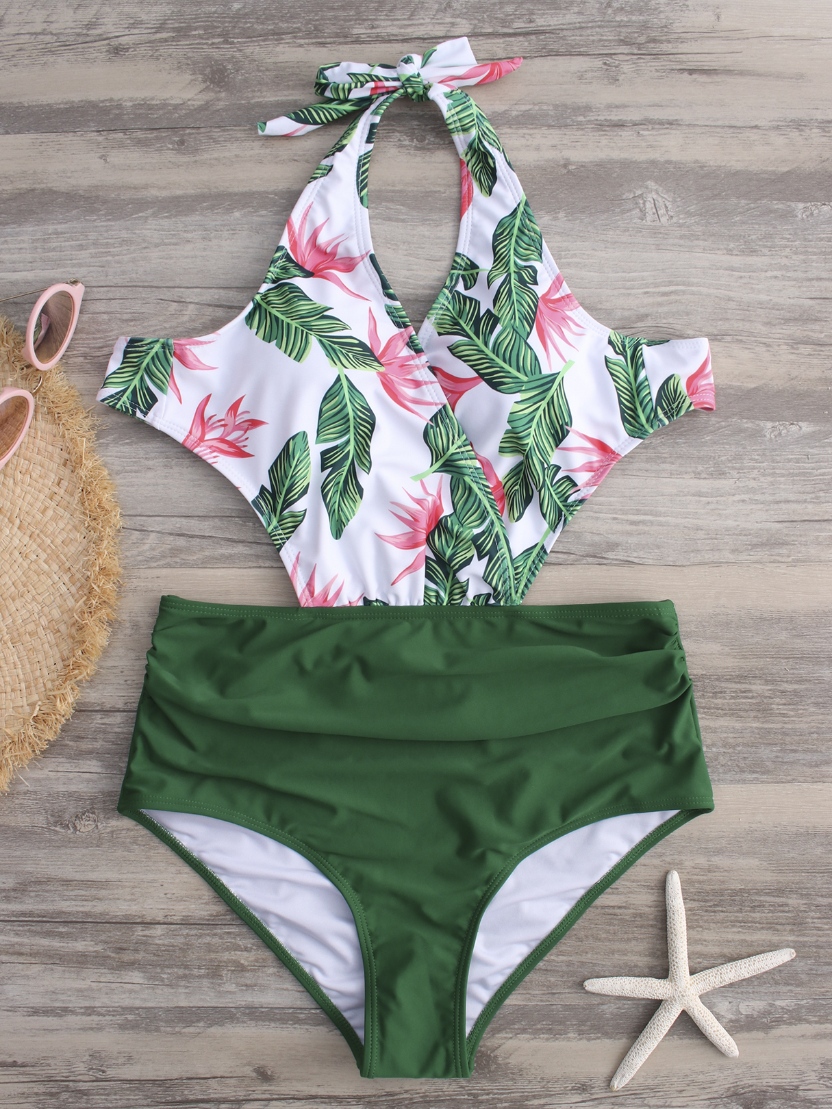Green Floral Print Cut Out Backless High Waist Swimsuit