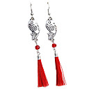 Silver Fish Red Fabric Tassel Drop Earrings(Random Color)