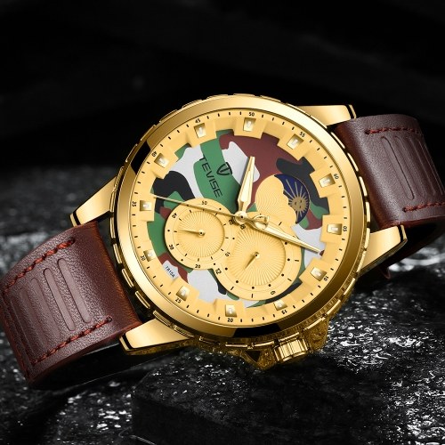 TEVISE T815A Stainless Steel Watch Wrist Watch Top Brand Luxury Quartz Watch Men Casual Leather Luminous Waterproof Moon phase Watch
