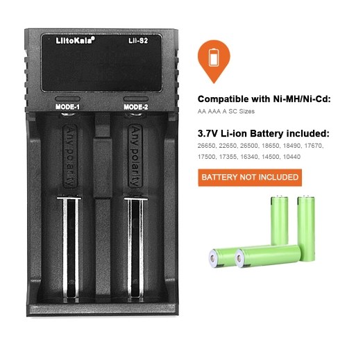 Liitokala Lii-S2 Chargeur de batterie LCD 2 emplacements pour 18650 26650 21700 18350 AA AA Lithium NiMH Chargeur de détecteur de polarité automatique