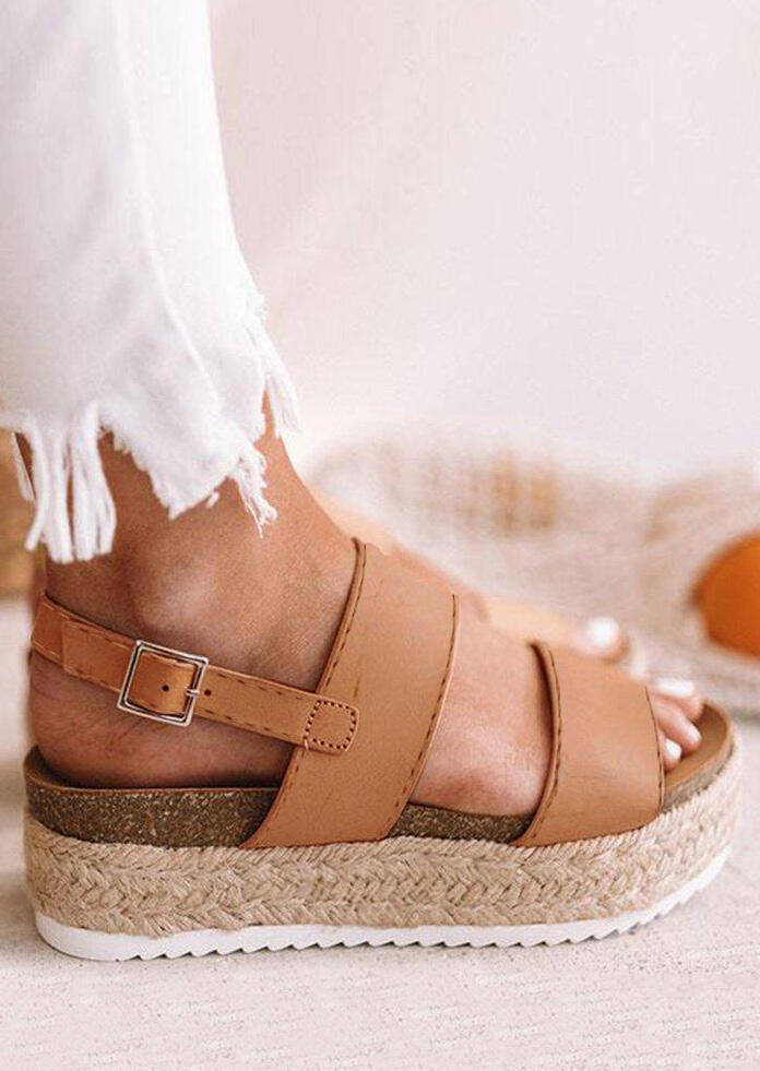 Solid Beach Buckle Braid  Wedges - Brown