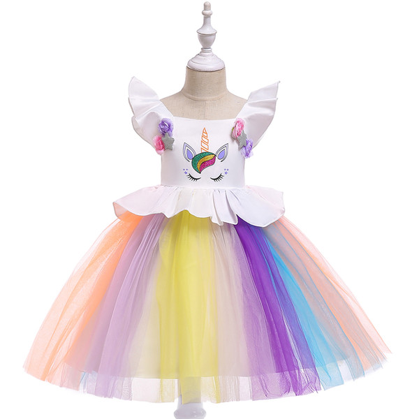 flower girls unicorn tutu dress pastel rainbow princess girls birthday party dress children kids halloween performance costume