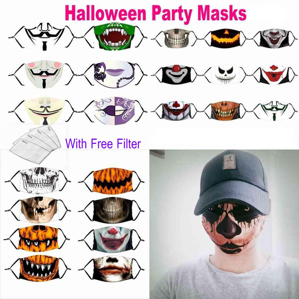 50pcs Adults Horror Ghost Anime Party Halloween Face Masks 3D Printed Cotton Washable Reusable Mouth Cover With 1 Free Filter FY9182