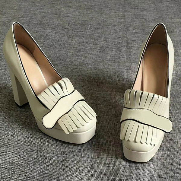 Women High Heels platform pump with fringe Marmont shoes Vintage white leather Toe Pumps Double tone hardware 3.3" 4.5" height
