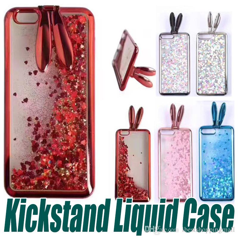 Liquid Quicksand Case Soft TPU Cute Electroplate Rabbit Ear Kickstand Bling Case For For iPhone X 8 7 6 6S Plus