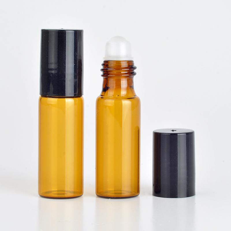Wholesale 100Pieces/Lot 5 ML Roll On Portable Amber Glass Refillable Perfume Bottle Empty Essential Oil Case With Plastic Cap