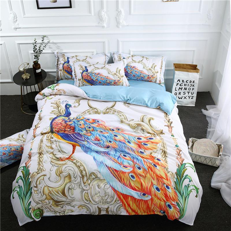 3D Colorful Duvet Cover Bed Sheet Pillow Case Bohemian Bedclothes 3/4pcs Home Textiles Peacock Animal Blue White Bedding Set