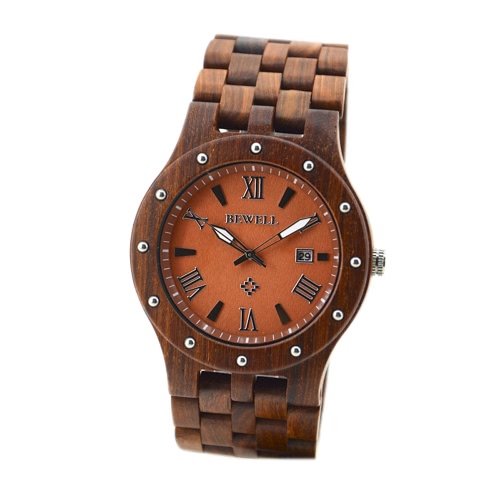 BEWELL Trendy Water-resistant Lightweight Luminous Wooden Quartz Watch with Calendar for Unisex