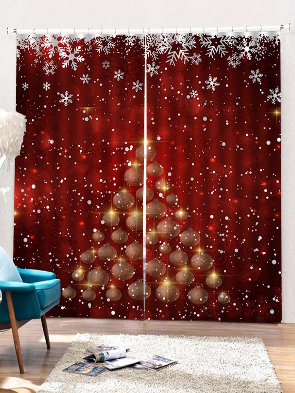 2 Panels Christmas Balls Tree Print Window Curtains