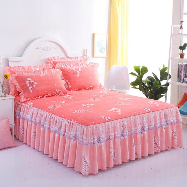 Cotton Bed Skirt Quilted Bedcover Princess Ruffle Fitted Sheet Floral Bedspread Home Bedding Decor +2Pcs Pillowcases
