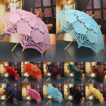66cm Women Bride Cotton Lace Embroidery Hollow Out Umbrella Parasol Wedding Prop Decoration