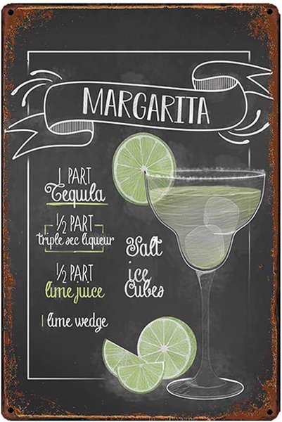 Original Vintage Design Margarita Cocktail Recipe Tin Metal Signs Wall Art | Thick Tinplate Print Poster Wall Decoration for