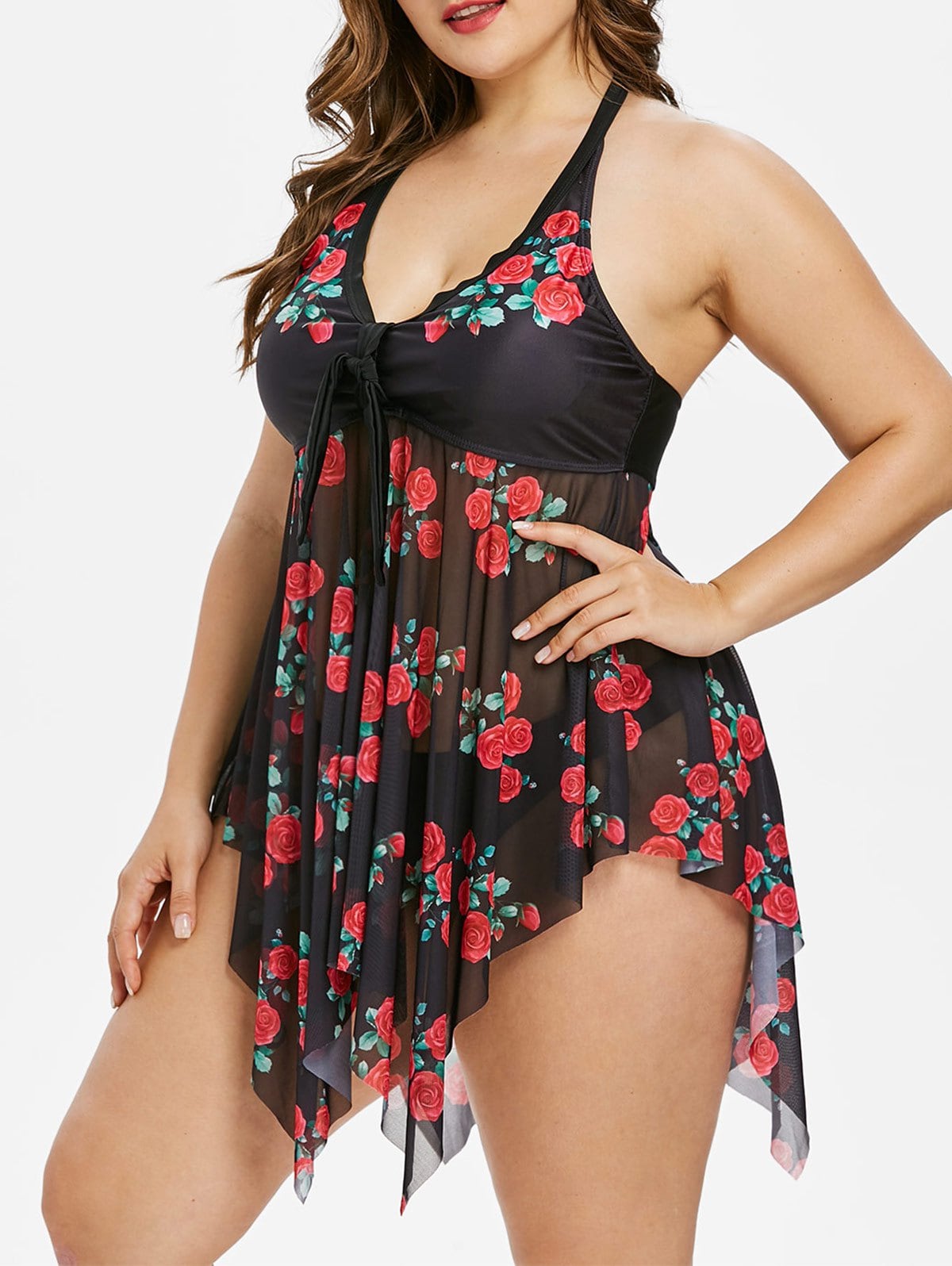 Plus Size Rose Print Handkerchief Tankini Set