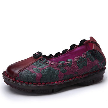 SOCOFY Rose Flower Soft Vintage Leather Stitching Loafers