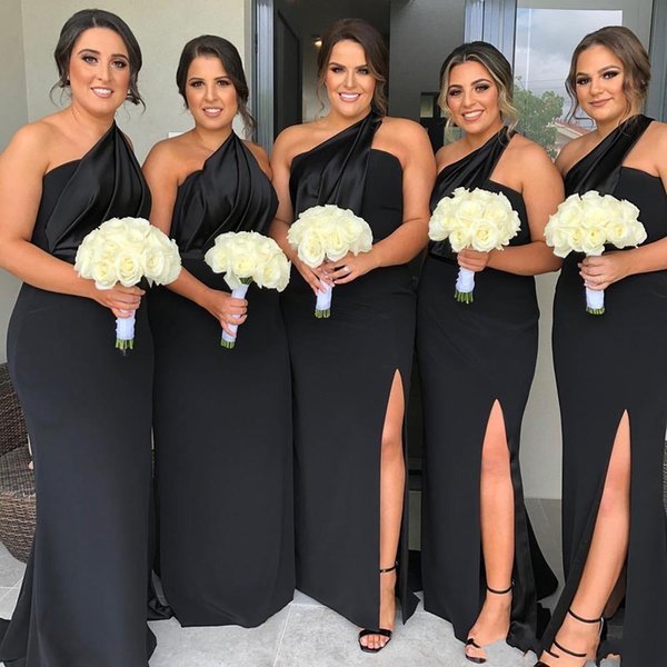 Mermaid Black New Bridesmaid Dresses One Shoulder Side Split Floor Length Summer Country Plus Size Maid of Honor Gowns Wedding Guest Dress