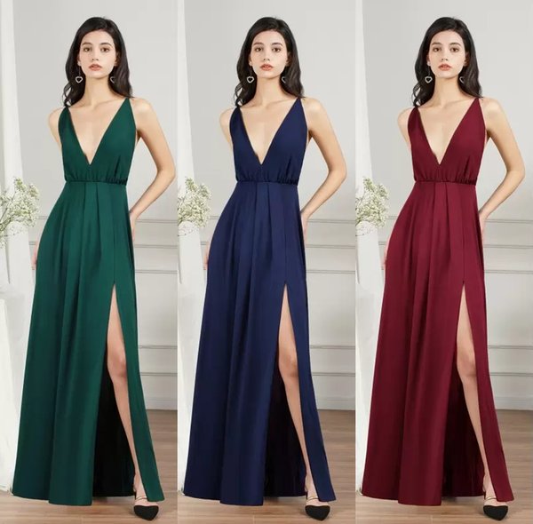 2022 New Chiffon Bridesmaid Dresses Summer Beach Bohemian Maid of Honor Gowns Sexy Backless Split Plunging V Neck Women Party Vestidos