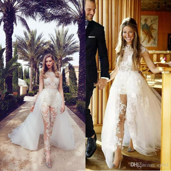 Long Dress Beach Wedding Dresses Bridal Gowns Illusion Jumpsuits With Detachable Train Lace Appliques Cap Sleeves Tulle Overskirt Pocket Gown