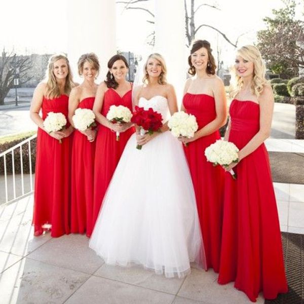 Red Bridesmaid Dresses 2022 A Line Chiffon Custom Made Plus Size Strapless Country Beach Wedding Maid of Honor Gown vestidos Formal Evening Wear