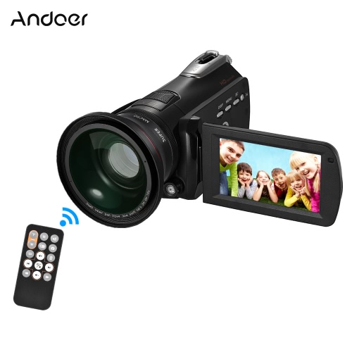 Andoer HDV-D395 Digital Video Camera DV WiFi 1080P 30fps FHD 24M Camcorder 18X Zoom with 72mm 0.39X Wide Angle + Macro Lens/ Remote Control/ IR Infrared Night Vision + LED Light/ 3
