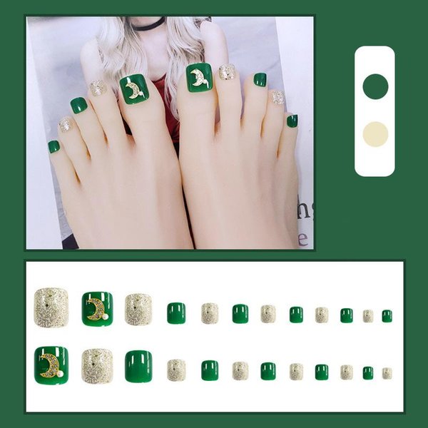 False Nails 24 PCS Square Fake Toenails With Moon Decor Adhesive/Wearable Extension For Toe Nail Artist Green & Slivery Faux Ongles