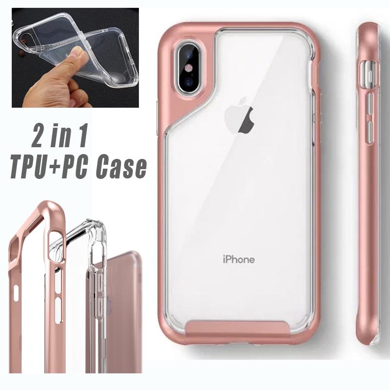 2 in 1 TPU+PC Transparent Clear Case Cover For iPhone X XS Max Xr 8 7 6 6S plus Ultra Slim Protective Cases