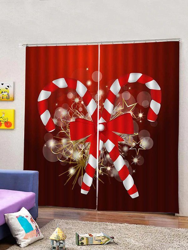 2 Panels Christmas Candy Cane Bowknot Print Window Curtains