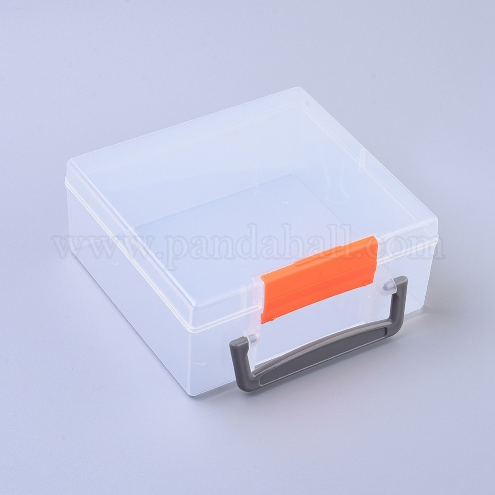 Plastic Boxes, Beads Storage Containers, with Handle, Square, Clear, 16.5x15.5x7.2cm