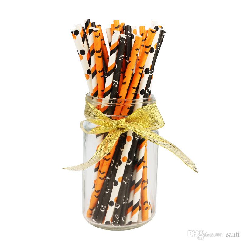 Halloween Paper Straws Bulk Biodegradable Disposable Drinking Black White Orange Bat Striped Ghost for Party Supplies JK1909