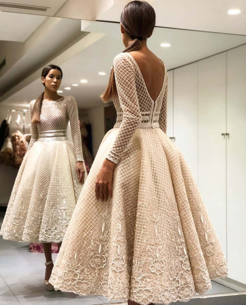 Elegant Bige Color Unique Lace Evening Dresses Full Sleeves V-Back Ankle Length Prom Gowns Party robes de soirée