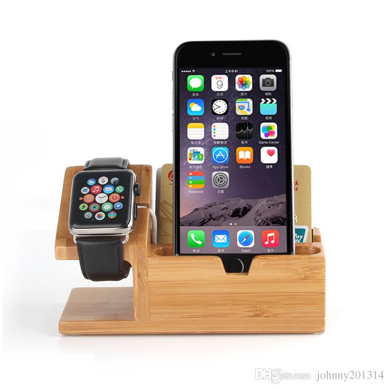 Genuine Bamboo Charging Dock for iPhone 7 6s 6 5s 5 Charger Station Desk Stand Holder for Watch with 3 USB Ports