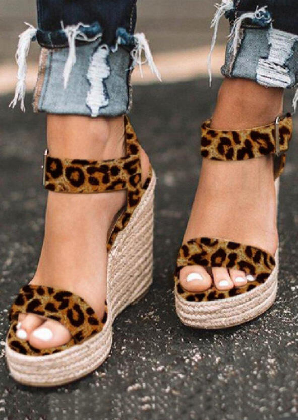 Leopard Printed Buckle Strap Wedge Sandals - Leopard