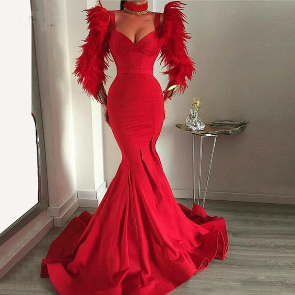 Mermaid Red Feathers Evening Dress 2019 Slim Party Gown Long Sleeves Prom Dresses vestido de festa longo New Arrival