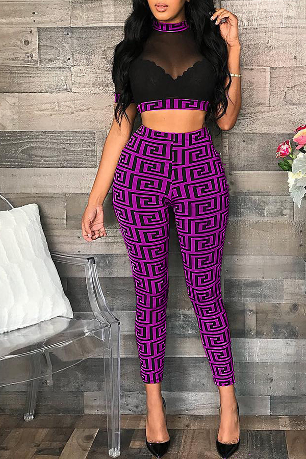 Cheap Two Pieces Lovely Casual O Neck Printed See-through Purple Two-p