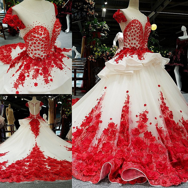 China Ivory/Red Scoop Tulle Applique Beads Ball Gown Wedding Dresses Bridal Dresses Events Dresses Custom Size 6 8 10 12 W307142